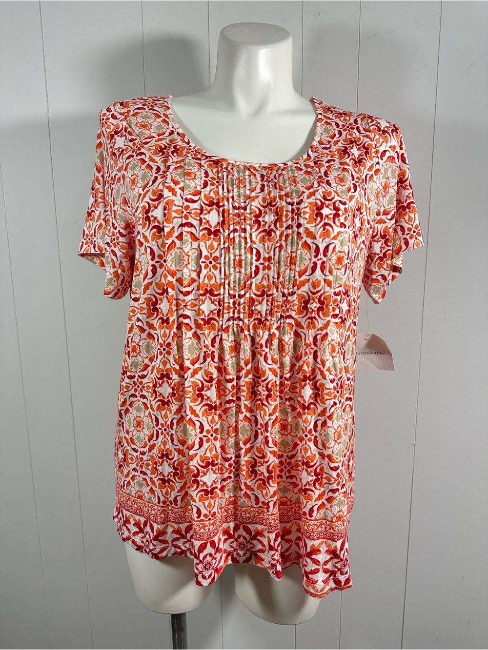 NWT Croft & Barrow Sz 1X Orange Short Sleeve Round Neck Pleated Front Blouse